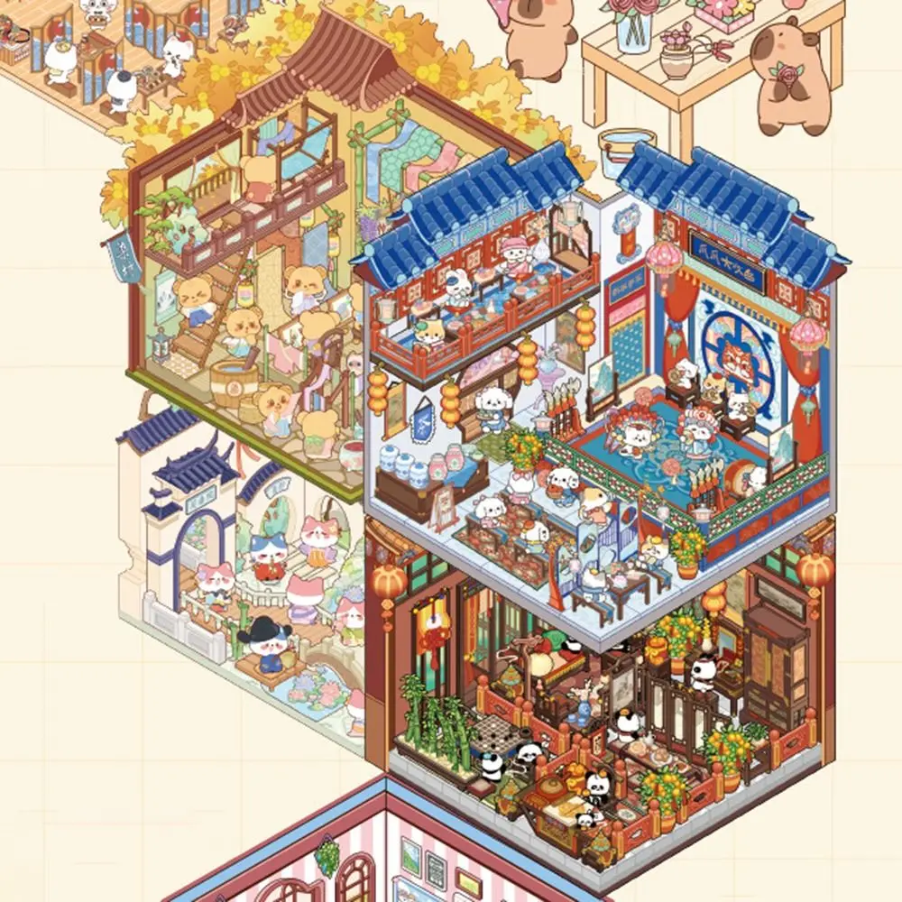 Durable 10 in 1 Landscape Sticker Book DIY Cartoon Cabin Scene Pocket Sticker Tear-proof Cute 3D Stickers Scene Set Student