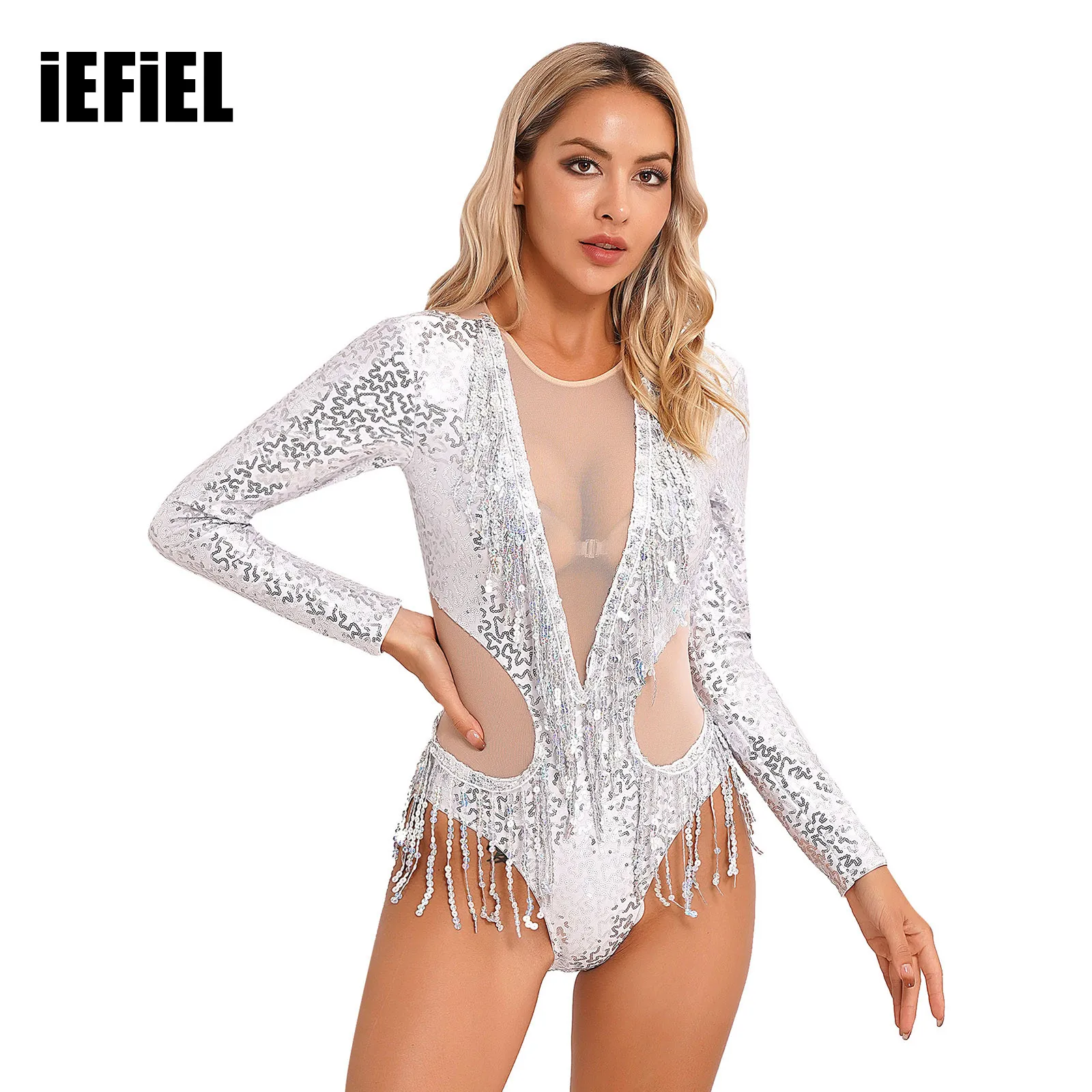 Women Allover Sequin Party Bodysuit Long Sleeve Nude Mesh Patchwork Sequin Fringe Leotard Halloween Club Costumes