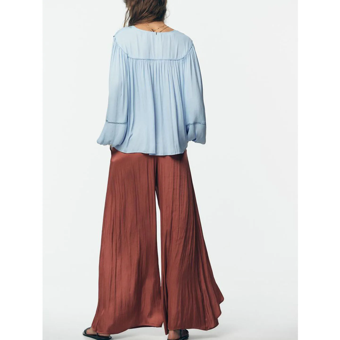 V-Ne Long Sve Vertical Lace irt Lose Hängende Hose Damen Casual Sle Polyesterfaser Dünn Lang irt