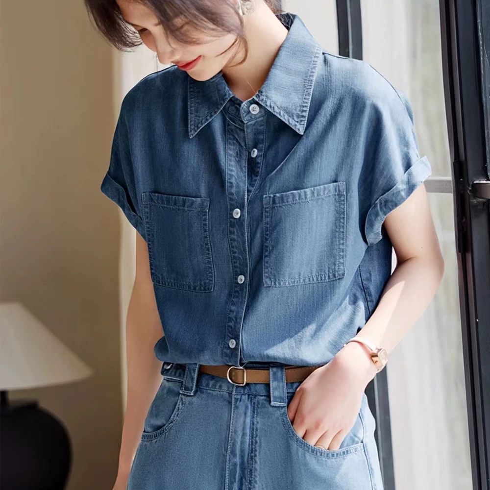 2024 Summer Vintage Denim Shirts For Women Solid Casual Loose Women\'s Short Sleeve Shirts And Blouses Fashion Female Tops