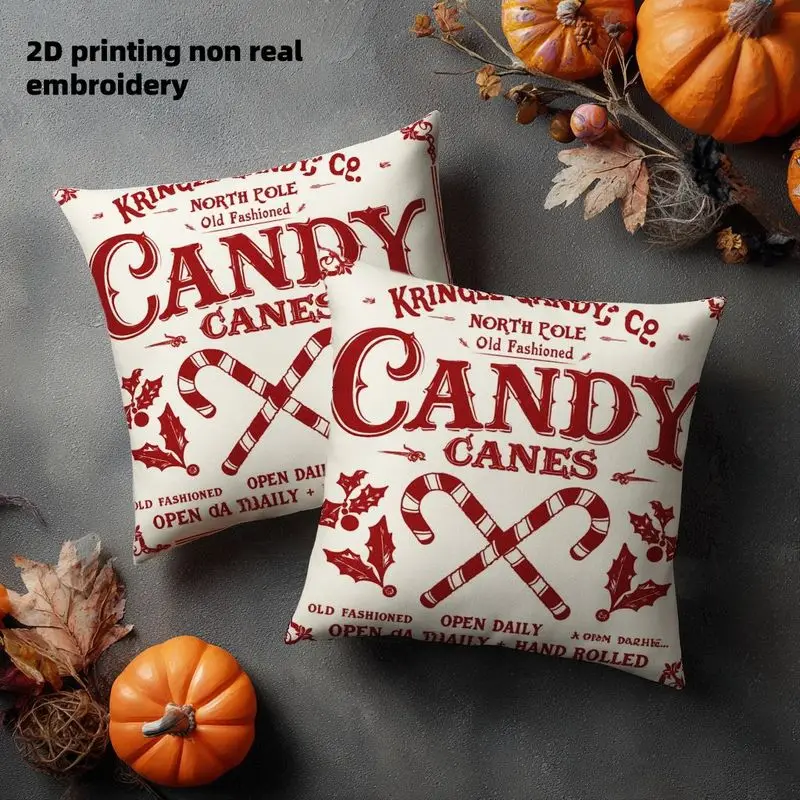 2pcs Red Beige Candy Cane Snowflake Printed Covers 2D Printed Faux Embellishment (No Insert) Zippered Pillowcases