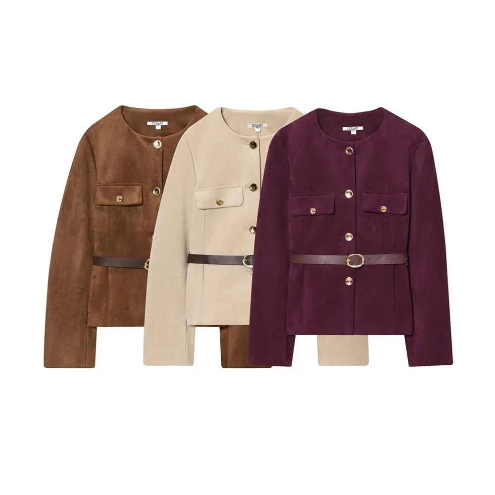 

Осенний новый женский пиджак с круглым вырезом, поясом и замшевой текстурой.