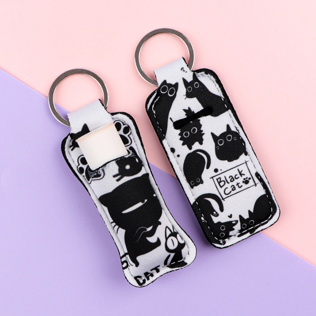 1pcs Black Cat Butterfly Rainbow Skull Clip On Lipstick Holder Keychain Animal Print Cartoon Keyring Travel Accessories