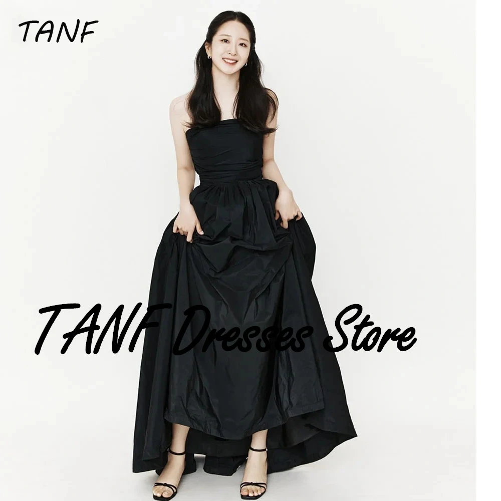 

TAFN 2025 Black Korea Evening Dresses Photos Shoot Customized Sleeveless A Line Sweep Train Taffeta Wedding Dress Bridal Gown