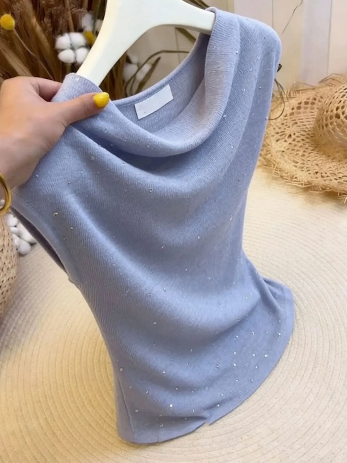 

Summer Style Knitted Sleeveless Vest Women's Soft Neck Design Sensation Rhinestone Comfortable Top Casual Commute Loose Fit