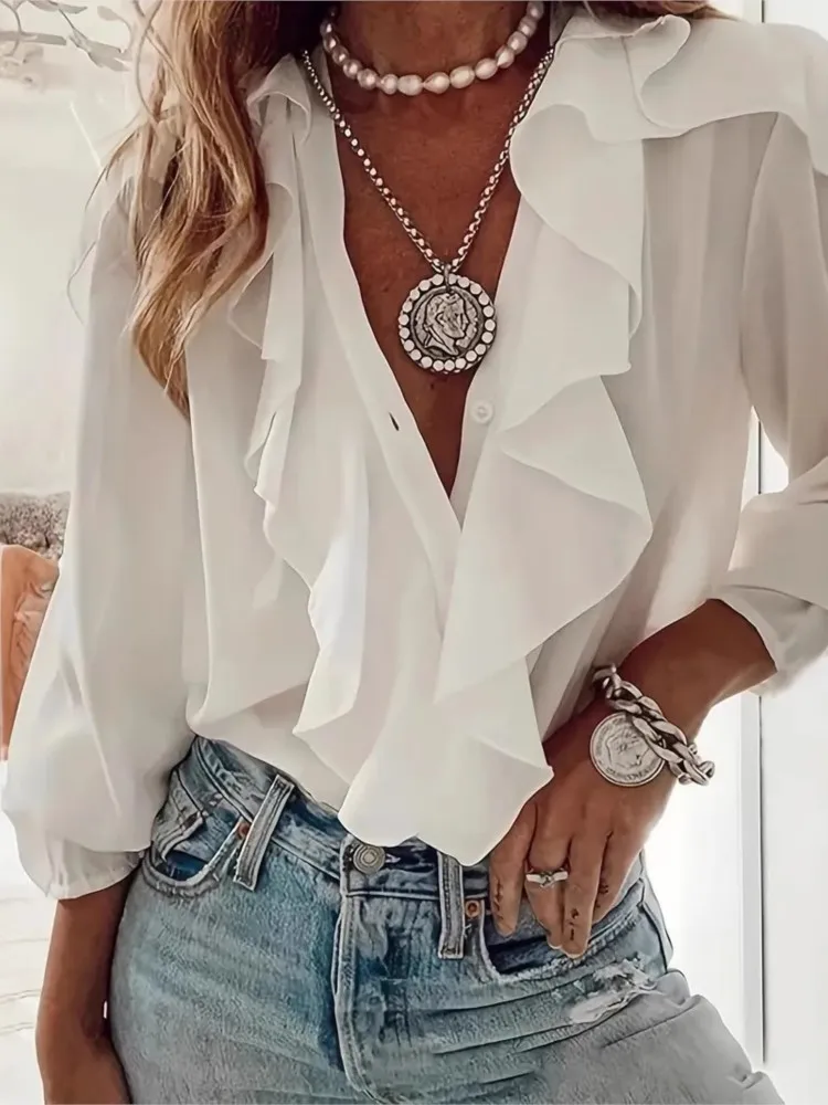 

Lady Fashion Solid Ruffles Shirt Top Casual V Neck Long Sleeve Shirts Tops For Women Elegant Office Womens Clothing Spring New