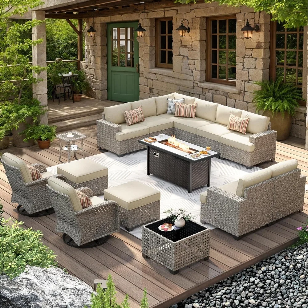 Outdoor Sectional Patio Furniture Set with Fire Pit Table,15 Pieces Wicker Conversation Sets L Shaped Couch,Extra Deep Out Door