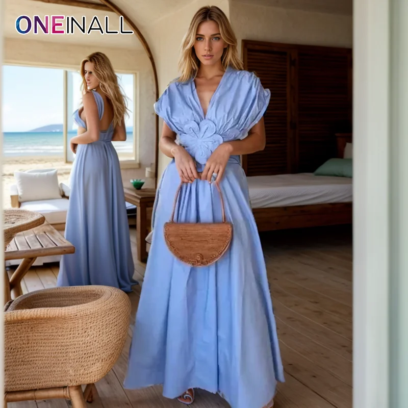 

ONEINALL Patchwork Appliques Elegant Dress For Women V Neck Short Sleeve High Waist Spliced Lace Up Hollow Out Dresses Female