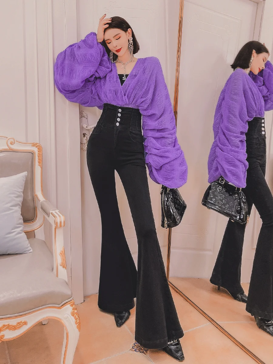 Light-Colored High Retro Waist Jeans for Women 2023 New Spring Autumn Trousers Black Fit Slim Flare Denim Pants Pantalon