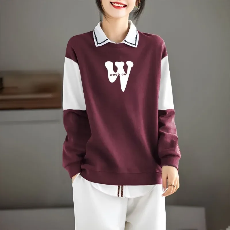 Women's Temperament Splicing Top Retro Loose Pullover Pure Cotton Fashion Autumn Winter Contrasting Color Sweatshirt #3