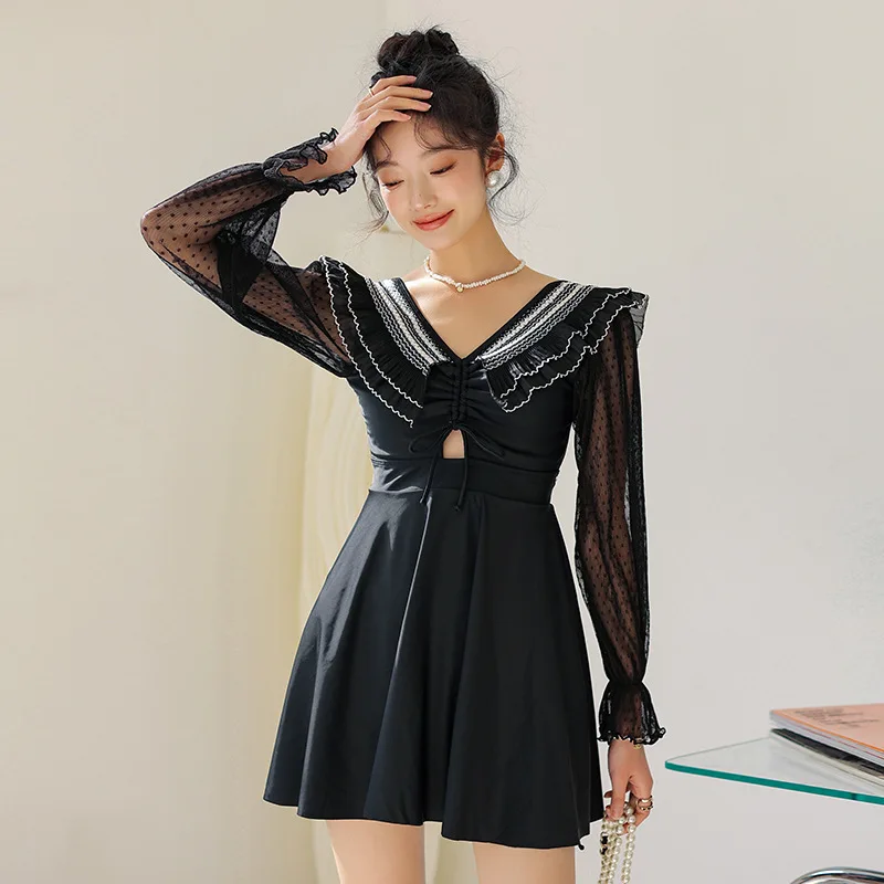 

Large SizeWomen One-piece Swimsuit Conservative Skirt Style Belly Coverup Shows Thin Korea Fashion Long-sleeve Spring Swimsuit