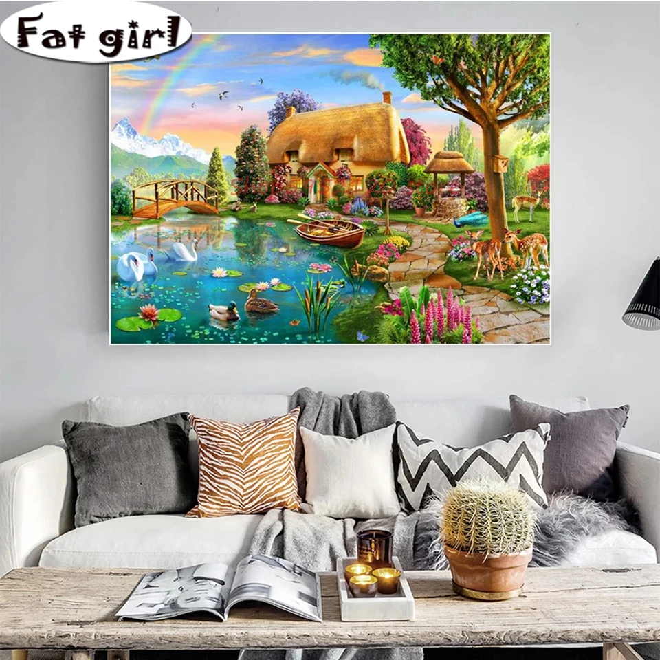 

5D Diy Diamond Painting Jungle Hut Rainbow Various Animals Deer swan duck Cross Stitch Embroidery Mosaic Full Square Round Drill