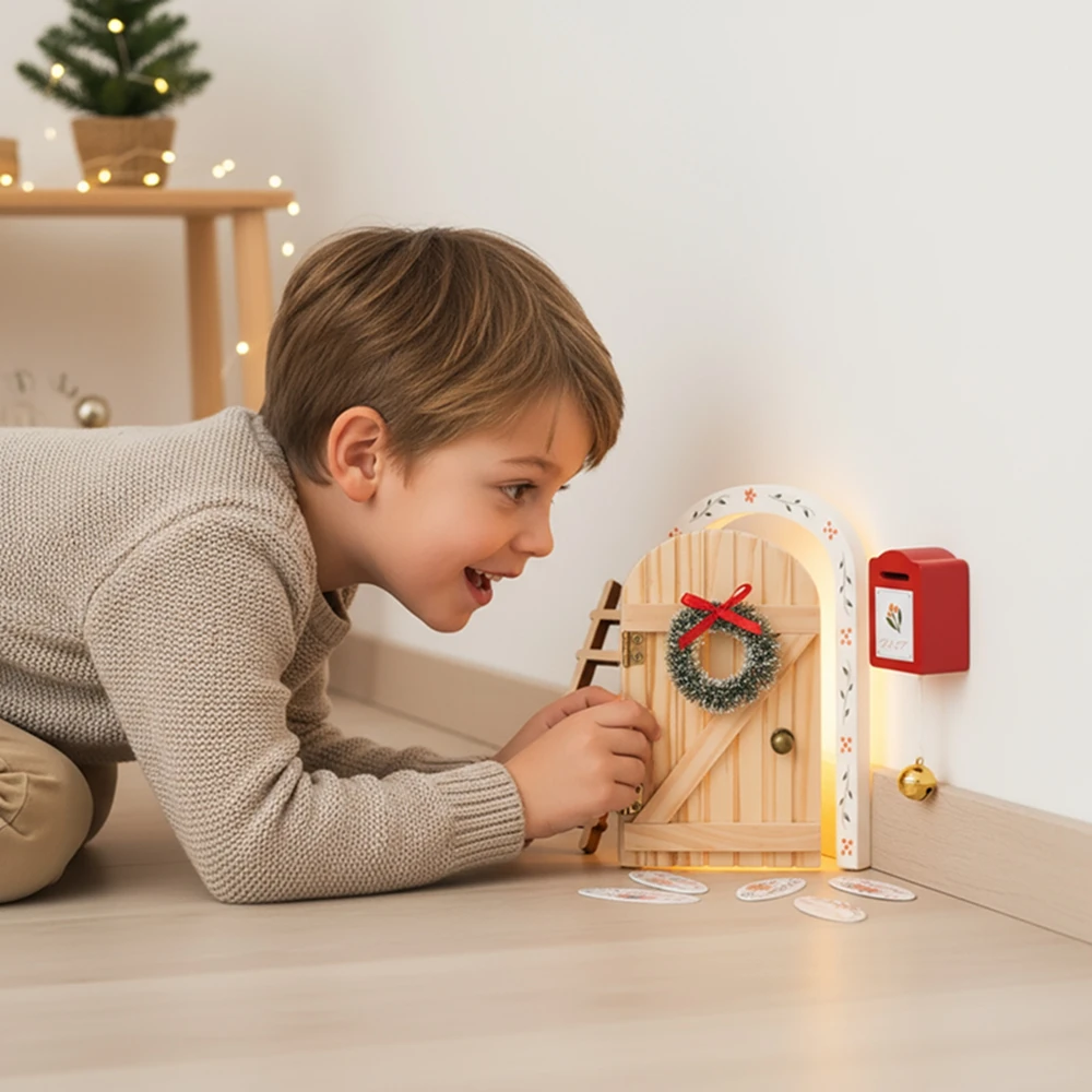 

Wooden Elf Door Set Cartoon Christmas Room Decor Dollhouse Character Stickers Fairytale-Style Decorative Ornaments Birthday Gift