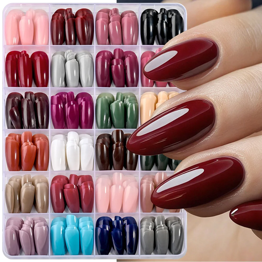 288Pcs/BOX Colorful  Almond False Nail Tips Black Red Pink Medium Length False Tips for Manicure Solid Acrylic Full Cover Nails