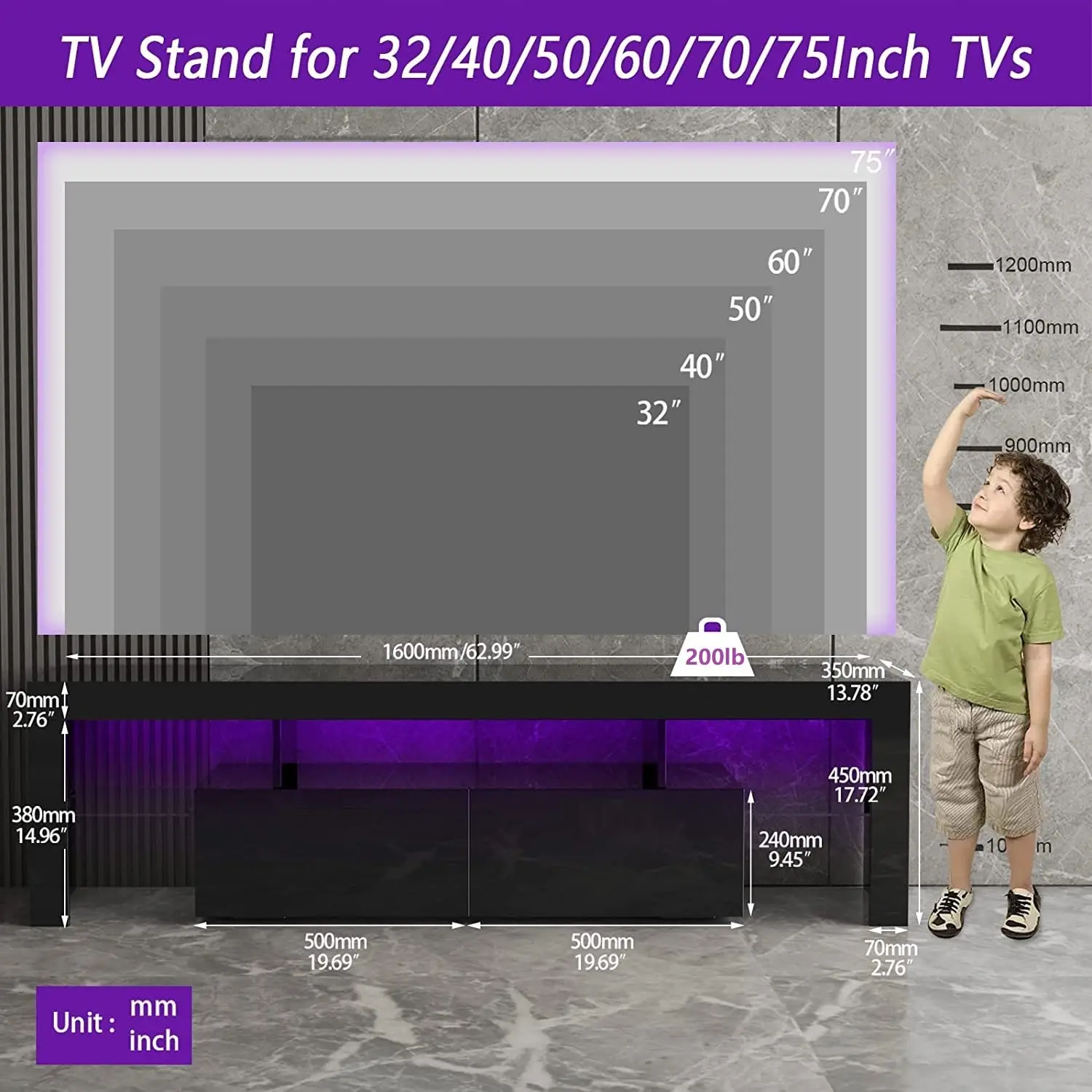 Black TV Stand, 60 65 70 75 inch Wood TV Stand, High Glossy Entertainment Center with Large Drawers＆Glass Display Shelf