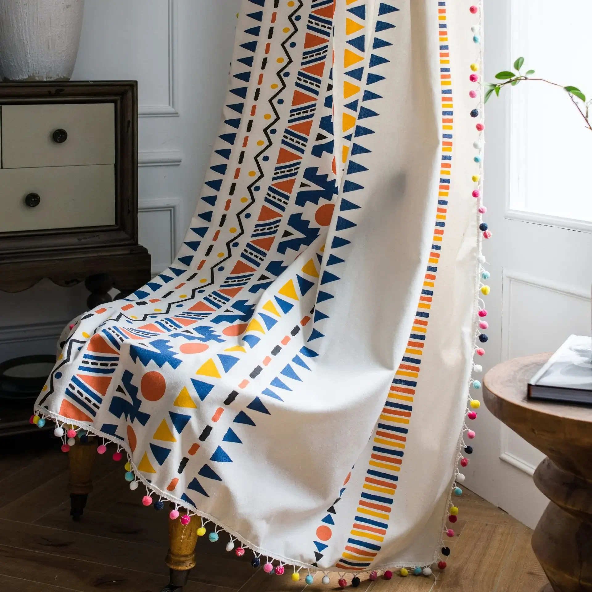

Boho Geometry Cotton Linen Window Curtain with Tassels Blackout Valance for The Luxury Living Room Curtains for Living Room