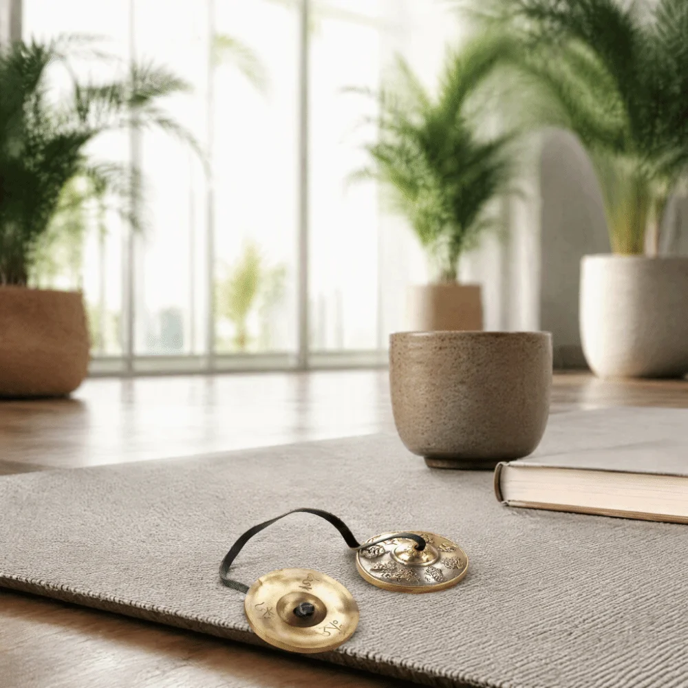 Brass Material Meditation Chime Bell 6.5 cm Diameter 8 Lucky Symbols Embossed Relaxation Musical Instruments Tingsha Cymbals