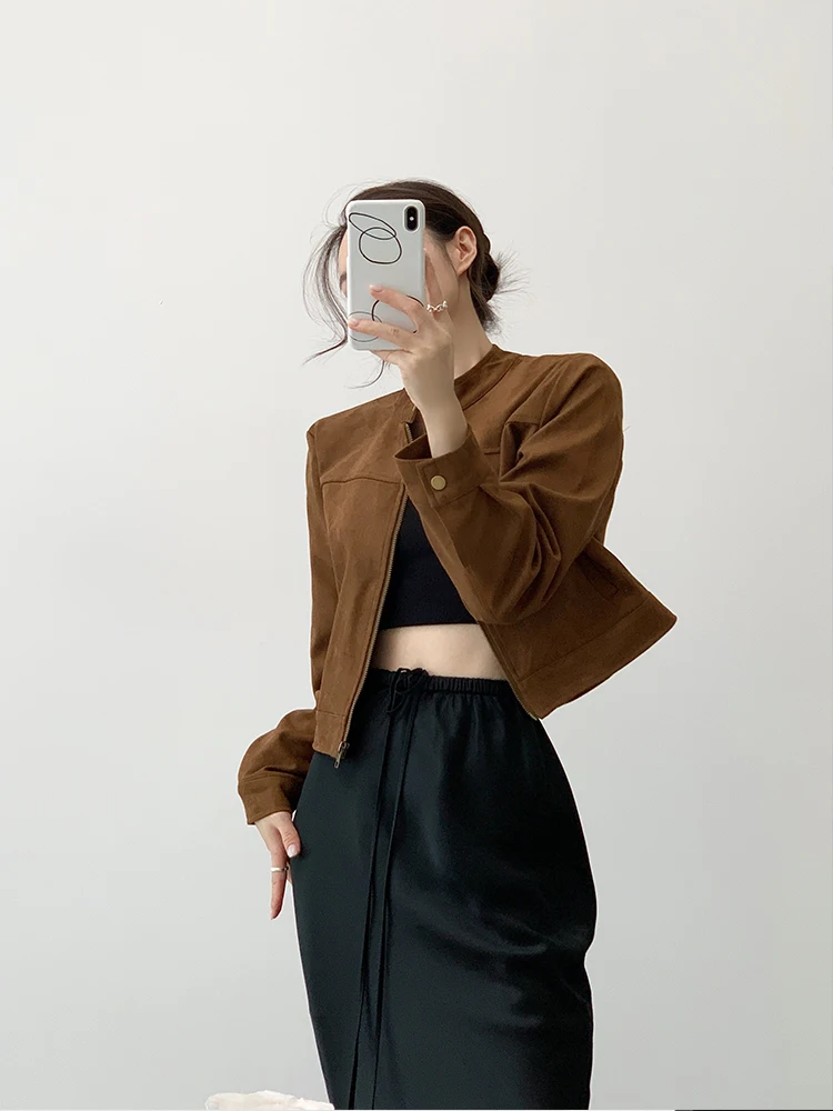 YAHI 秋の新作 スエード マーメイドコート レディース ヴィンテージ風 スリムフィット 小さいサイズ スタンドカラー アウター