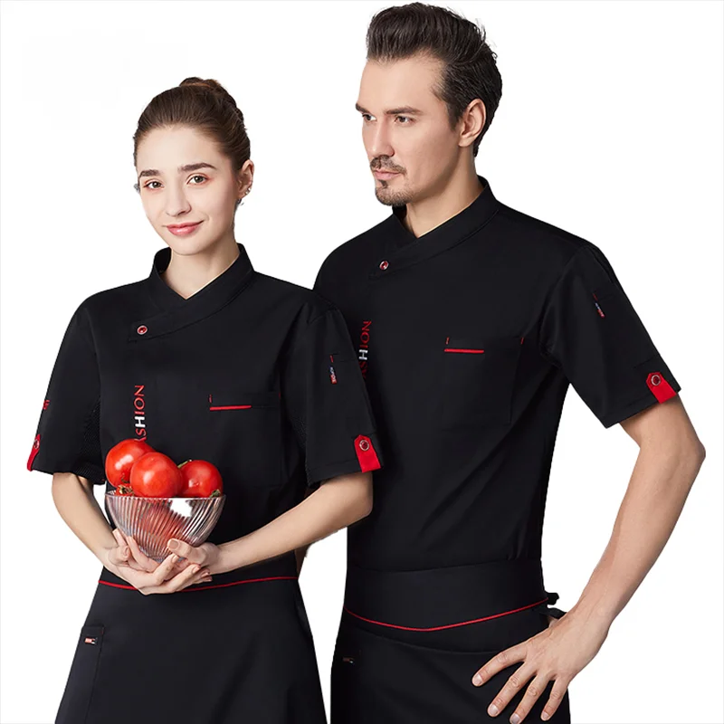 Jaqueta de cozinha profissional de manga curta para homens e mulheres, uniforme Chef, Hot Pot Restaurant Workwear, Cafe Bakery Cooking Shirt