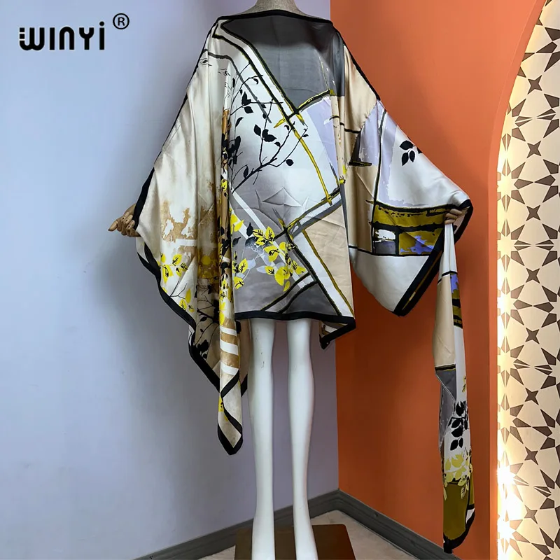 WINYI kobiety na co dzień z kwiatowym eleganckie wieczorne stroje kąpielowe stroje kąpielowe nieregularne rękaw afryka Lady kaftan sukienka na wakacje z szalikiem