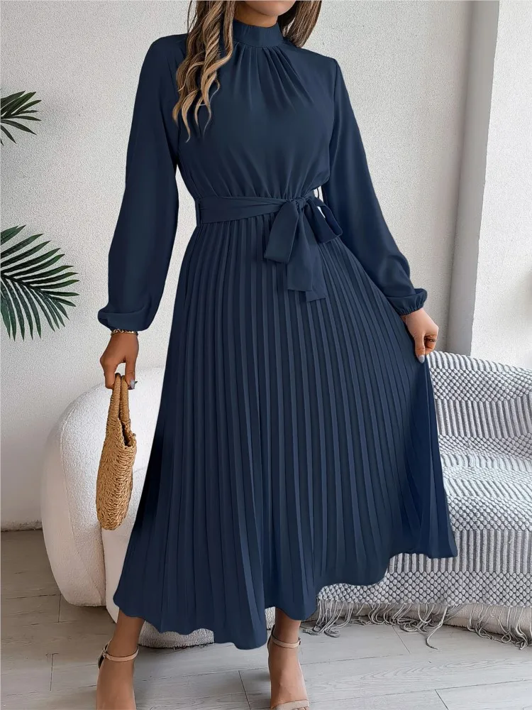 Nice Women's Long Dresses Summer Elegant Pleated Long Sleeveed Lace Up Dresses Beach Boho Wrap Ruffle Hem Swing Sundress