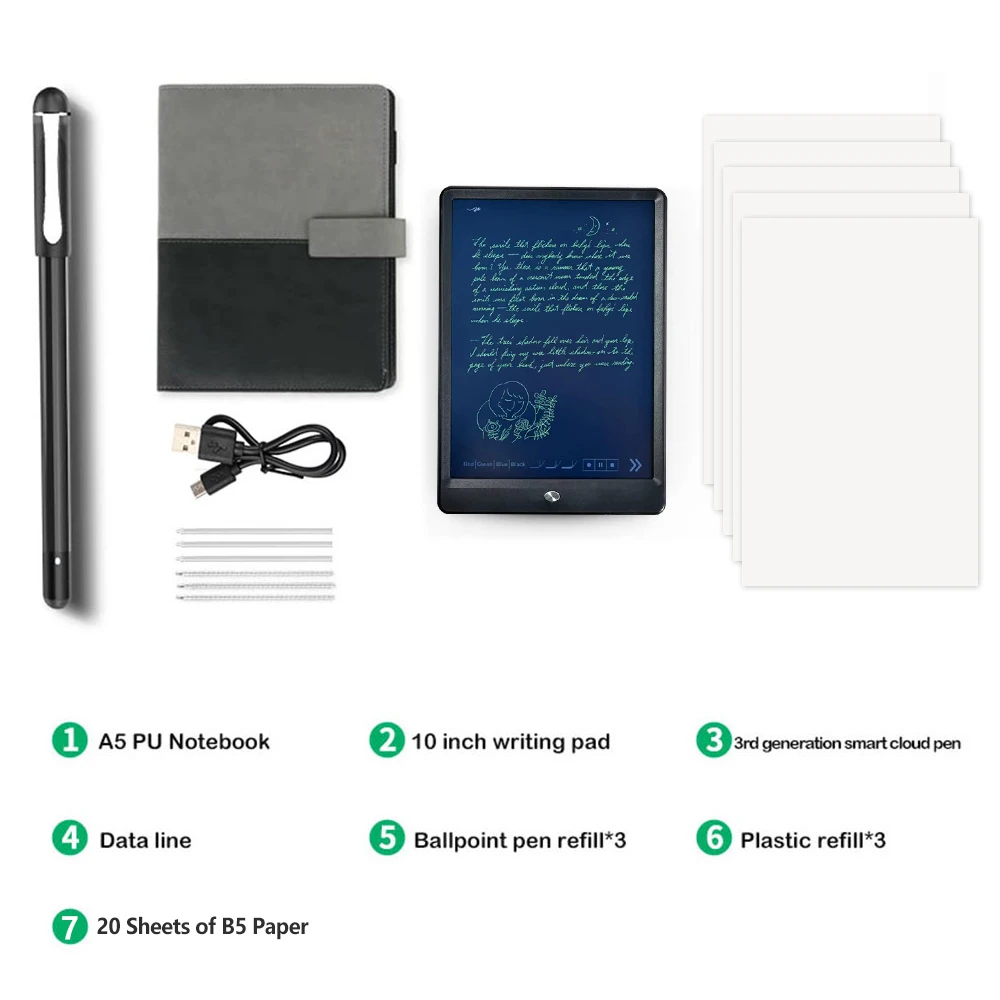 Smart Pen Writing Set Includes Smartpen Smart A5 PU Leather Notebook &Reusable Writing Tablet & B5 Paper BT Wireless Connectioт