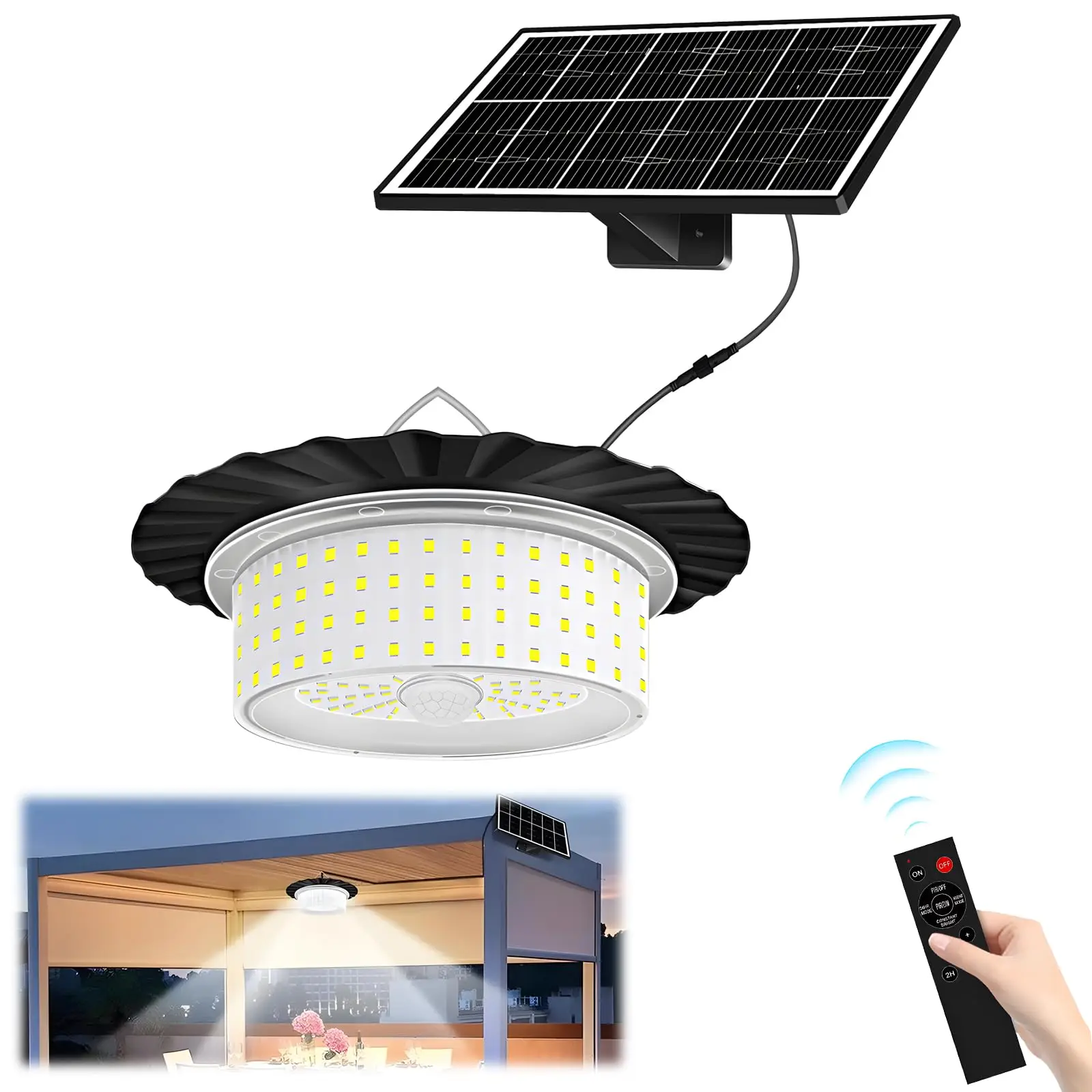 224-LED Solar Pendant Light with Moving Sensor Solar Shed Light Outdoor Indoor Solar Powered Motion Sensor Shed Light Waterproof