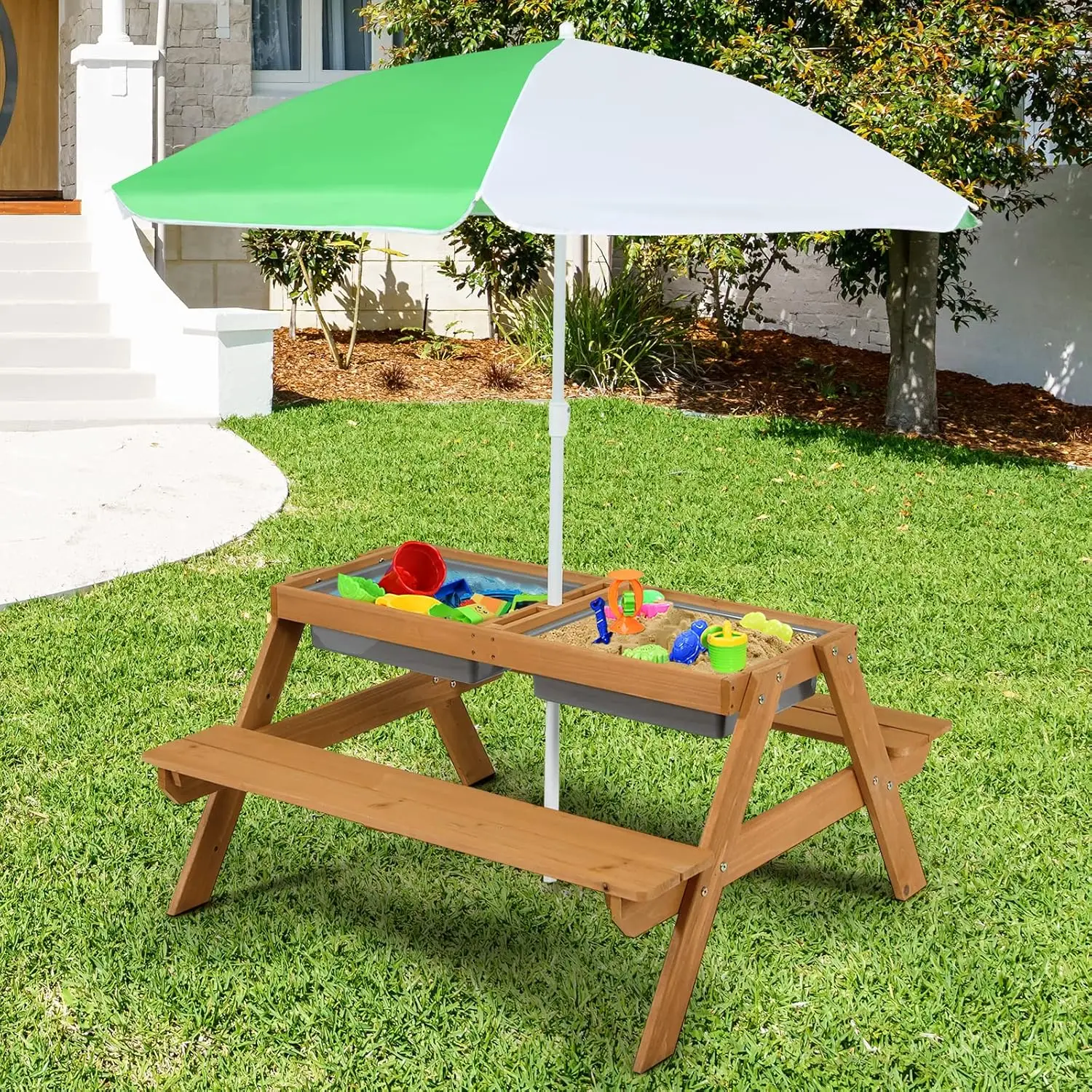 

Kids Picnic Table, 4 in 1 Sand and Water Table w/Detachable Tabletop, 2 Removable Play Boxes, Foldable & Height, Customized