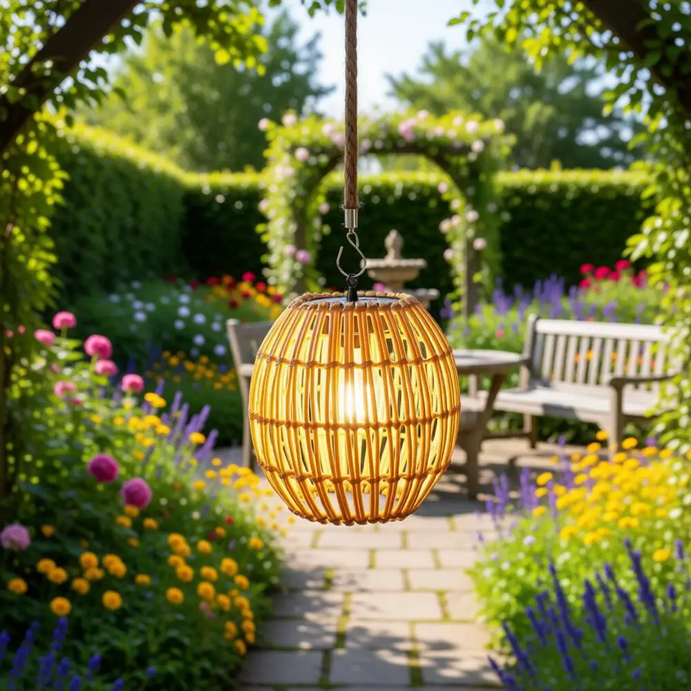 

Outdoor Waterproof Large Rattan Lantern with Twine Handle, Hanging Lights for Garden Patio Yard Decoration
