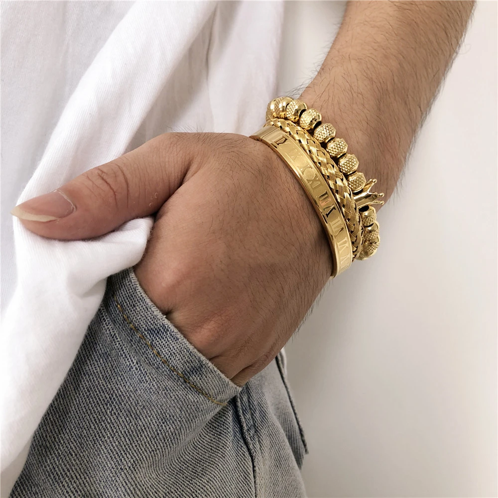 Conjunto de pulseras con dijes de corona real de lujo para hombres, acero inoxidable clásico, colores dorados, brazalete ajustable con números romanos, joyería