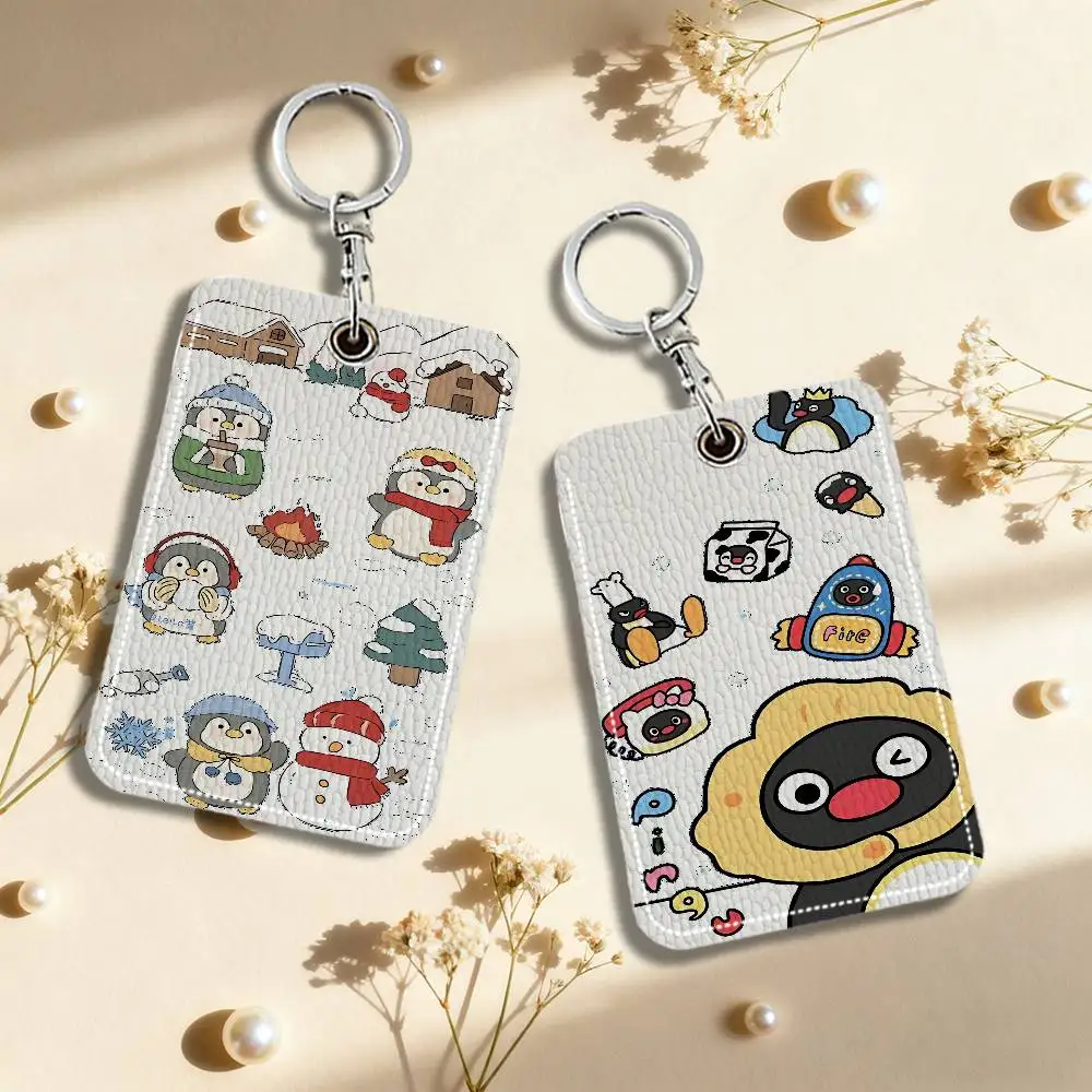 

Cute Lovely Penguin Leather Card Holder Keychain Key Ring Door Lock Access Tags ID Card Case Keychain Card