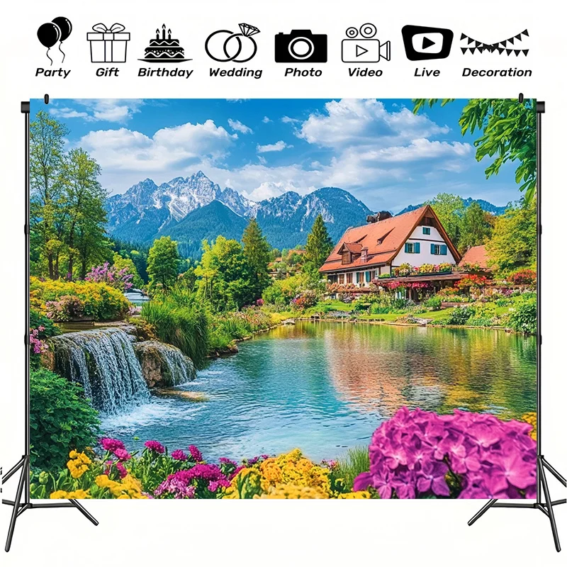 Mountain Cottage Tapestry Alpine Lake Scenery Wall Hanging Peaceful Nature Decor for Living Room Bedroom Zen Garden Inspired
