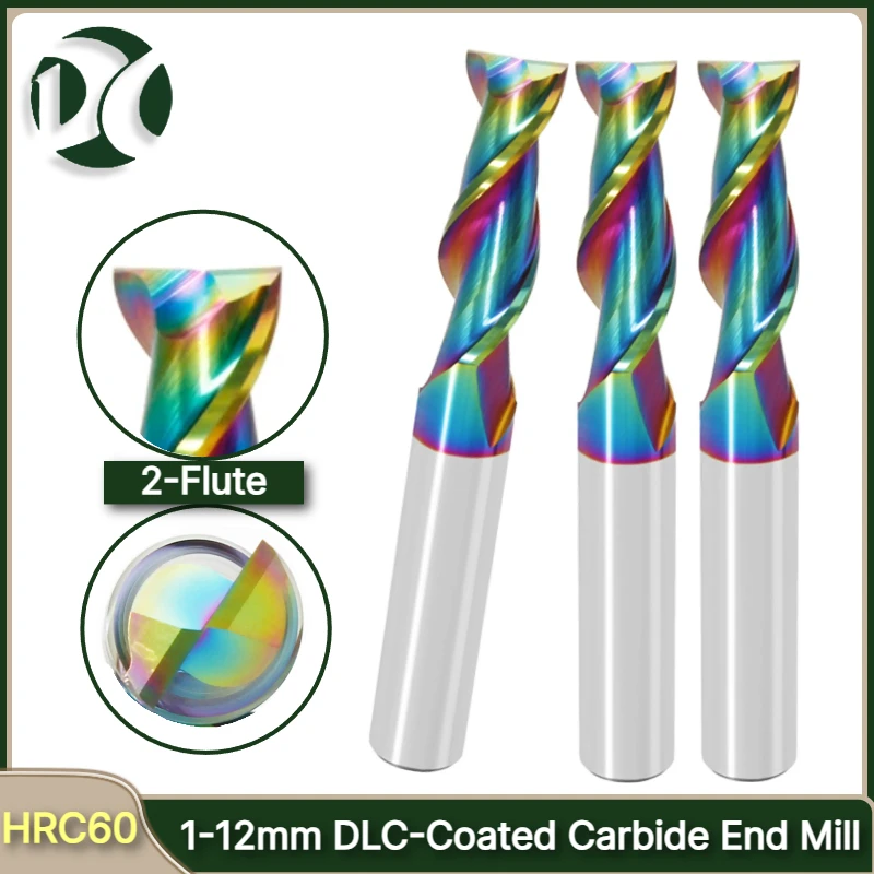 Premium DLC-Coated 2-Flute Carbide End Mill, HRC60, 1-12mm Shank, Aluminum Milling Cutter, Key Seater