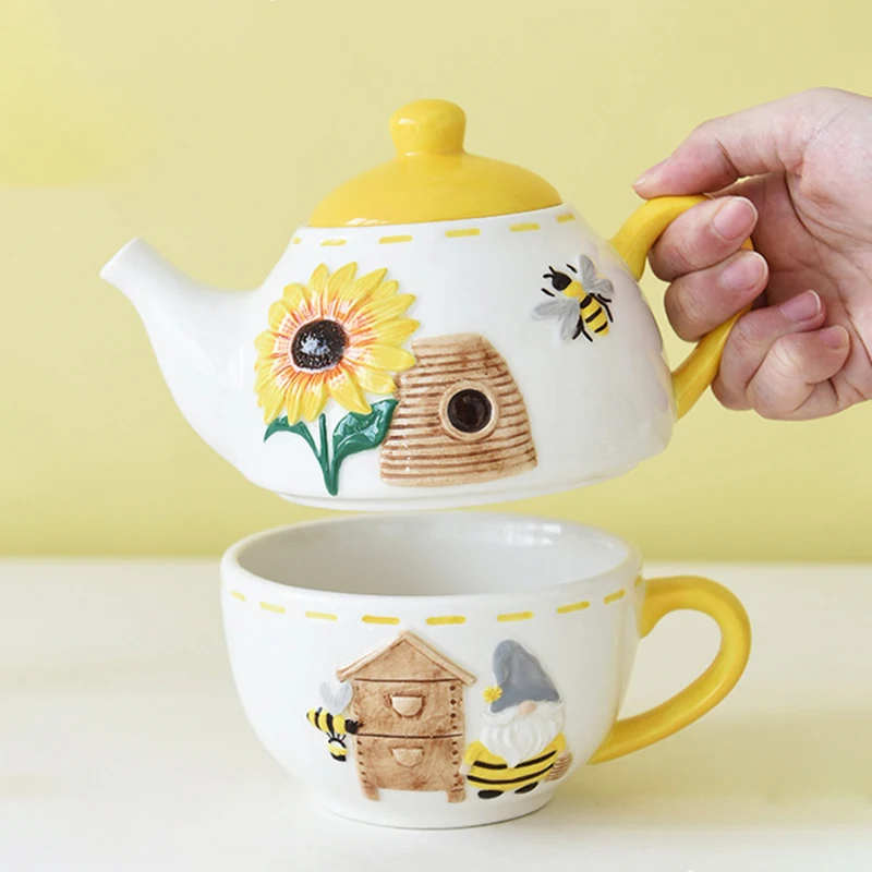 400ml Ceramic Tea for One Set Yellow Bee Teapot Tea Cup Set Sunflower Dwarf Gnome Coffee Mug Microwave Safe