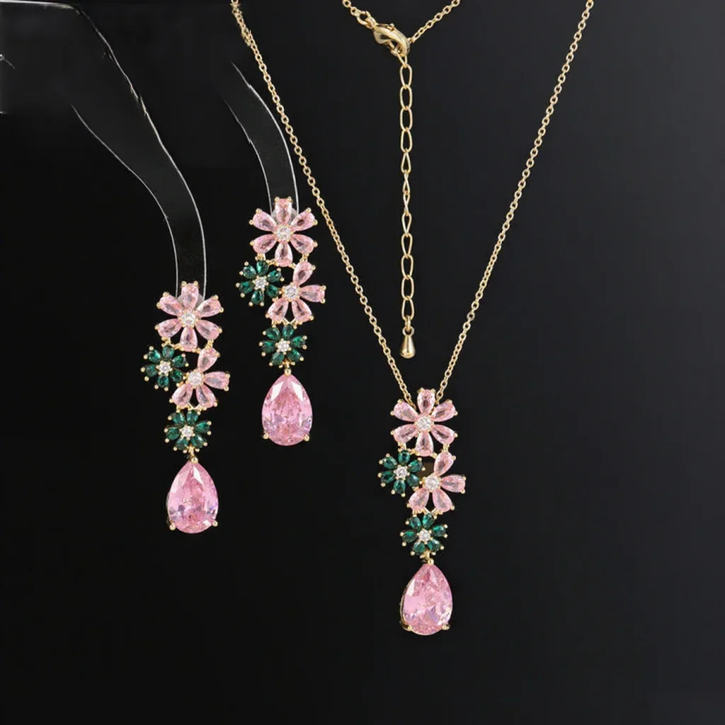 

Luxury AAA Cubic Zircon Flower Earrings & Necklace Set, Women's Unique Water Drop Pendant Jewelry, Fashion Gift for Women