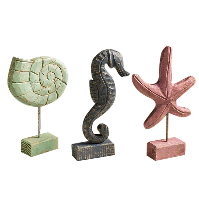 Mediterranean Style Crafts Starfish Conch Seahorse Figurines Wood Carving Miniatures Home Decor Living Room Ornaments