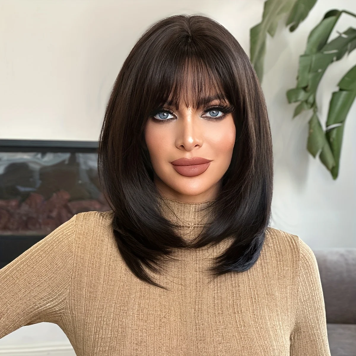 Natural Black Air Layered Wolf Tail Medium-Length Synthetic Wig for Women, High-Layered Choppy Cut Jelly Head Full Wig