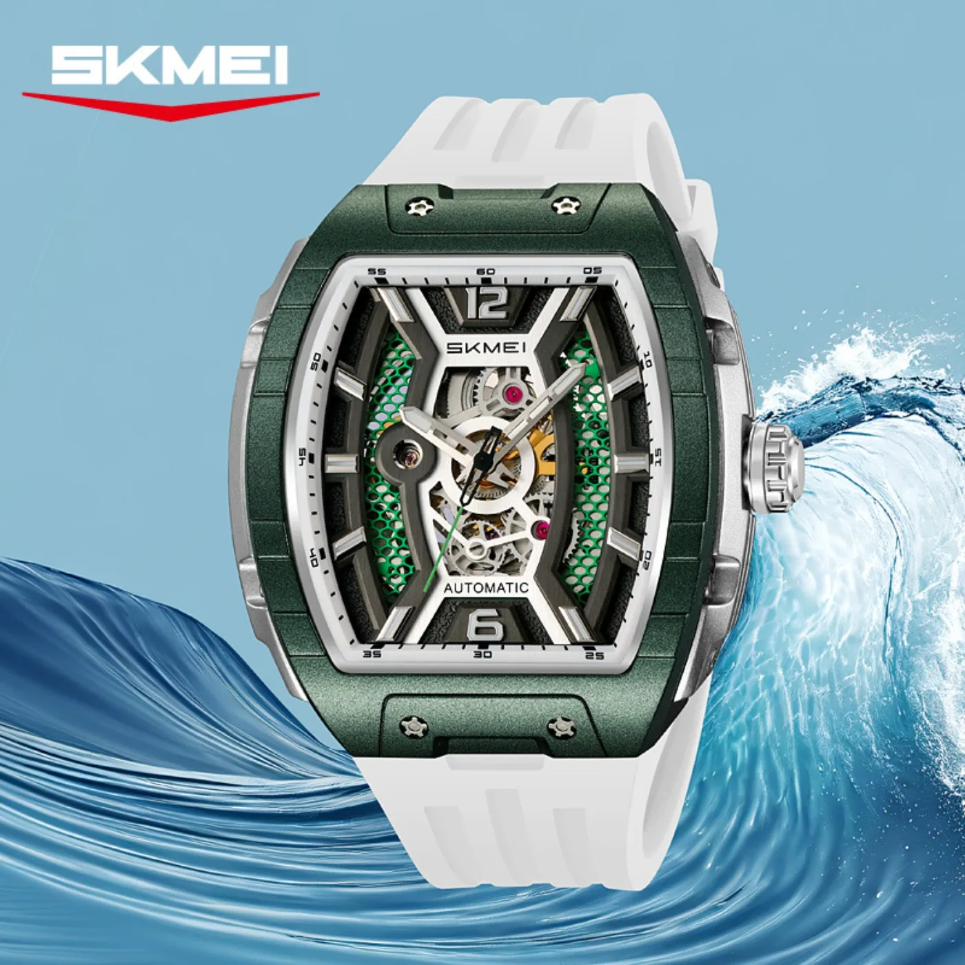 Rose Gold Tonneau Men's Automatic Watch Large Case Skeleton Dial Waterproof Silica Gel Band Luxury Sport Wristwatch M033