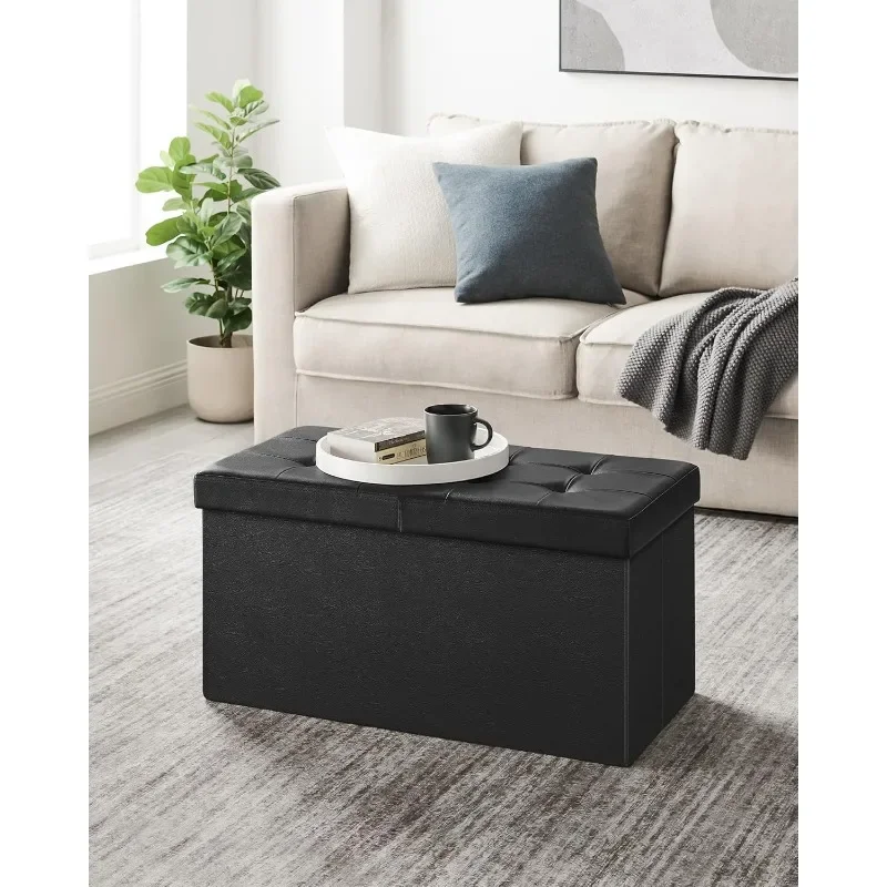 30 Inches Folding Storage Ottoman Bench with Flipping Lid, Storage Chest Footstool, Faux Leather, Black,15 × 30 × 15 inches