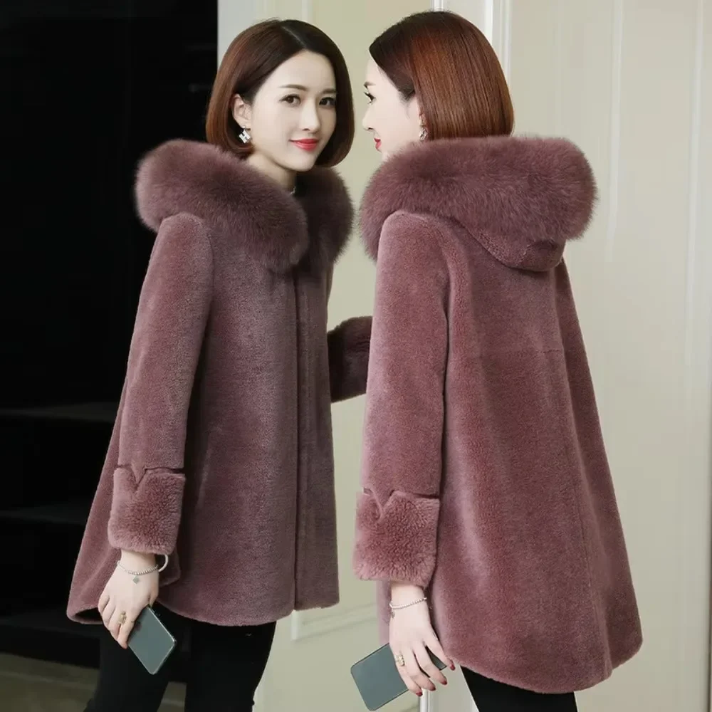 Women Shearling Coat Vintage Grain Wool Fox Fur Haining Leather Fur Lamb Wool Jacket Winter New European Style Ladies Daily