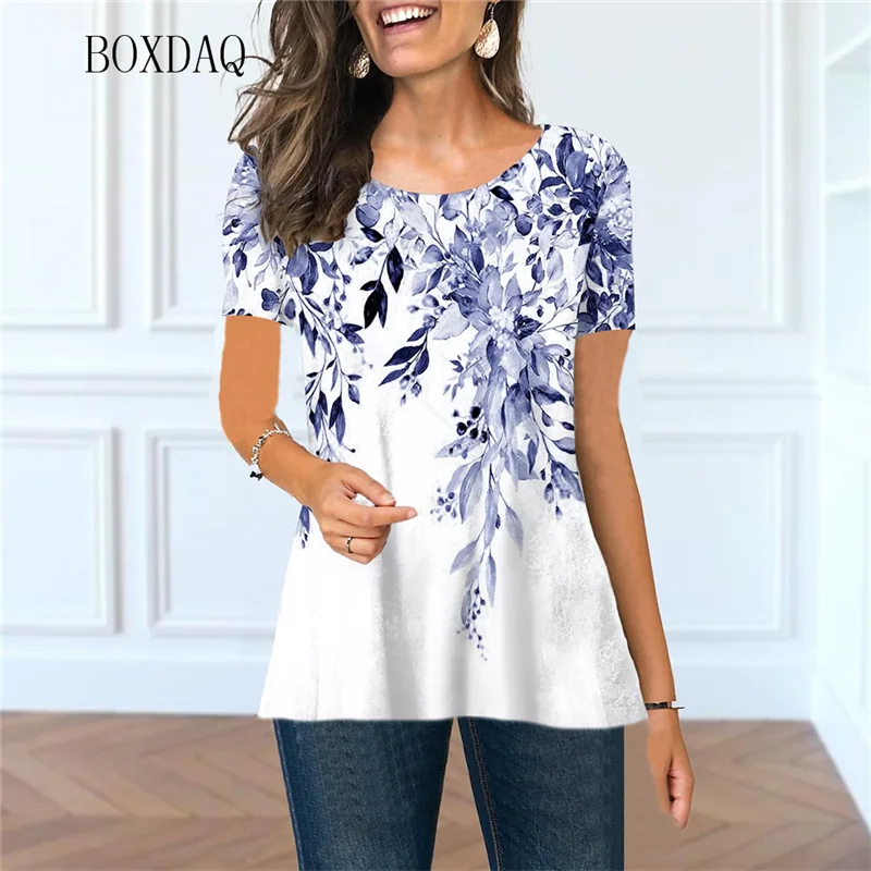 Plant&Flowers Graphic Women T-shirts Short Sleeve Round-Neck Loose Casual Tops 3D Hand-Painted Street Female T Shirt