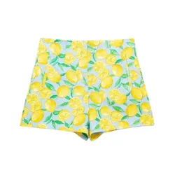HH 2024 Women Fashion Fruit Print Shorts Elegant Zipper Fly High Waist Short Pant Casual Female Sweet Streetwear Shorts