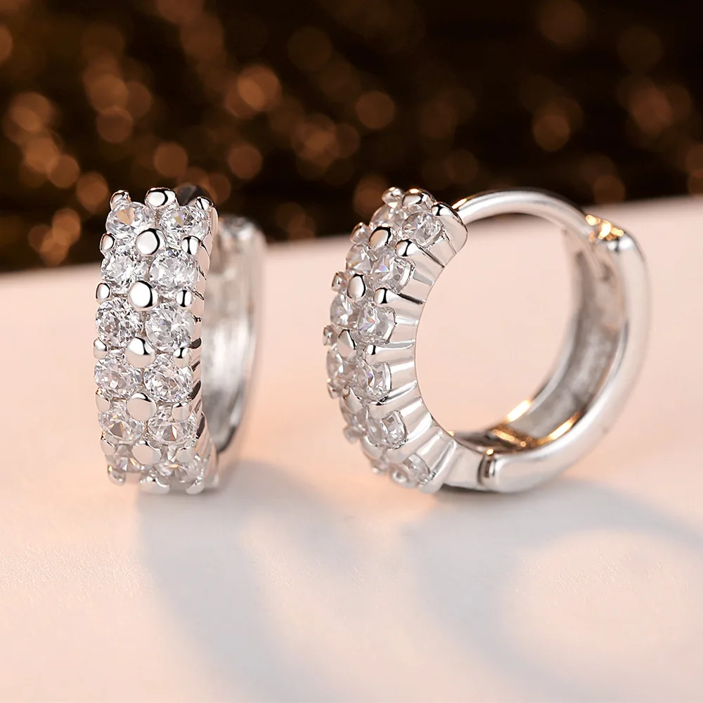 Korean Fashion 925 Sterling Silver Double Row Zircon Round Earrings Stud For Women Fine Jewelry Wedding Accessories