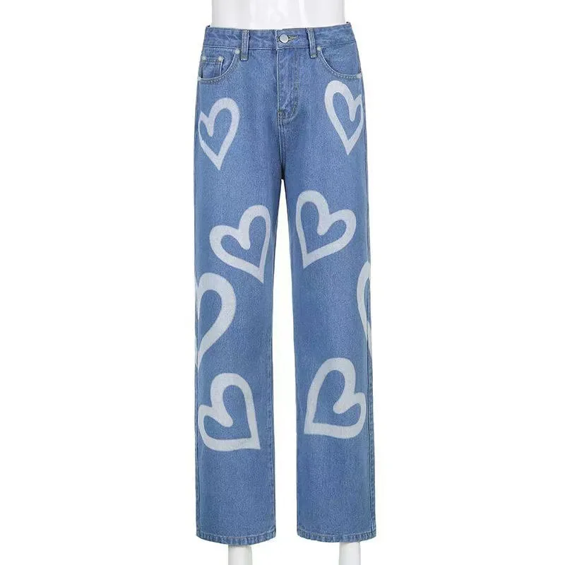 

Original Design Women's Fashion New INS Graffiti Printed Loose Straight Denim Pants High Waisted Slacks Jeans XS-XXL