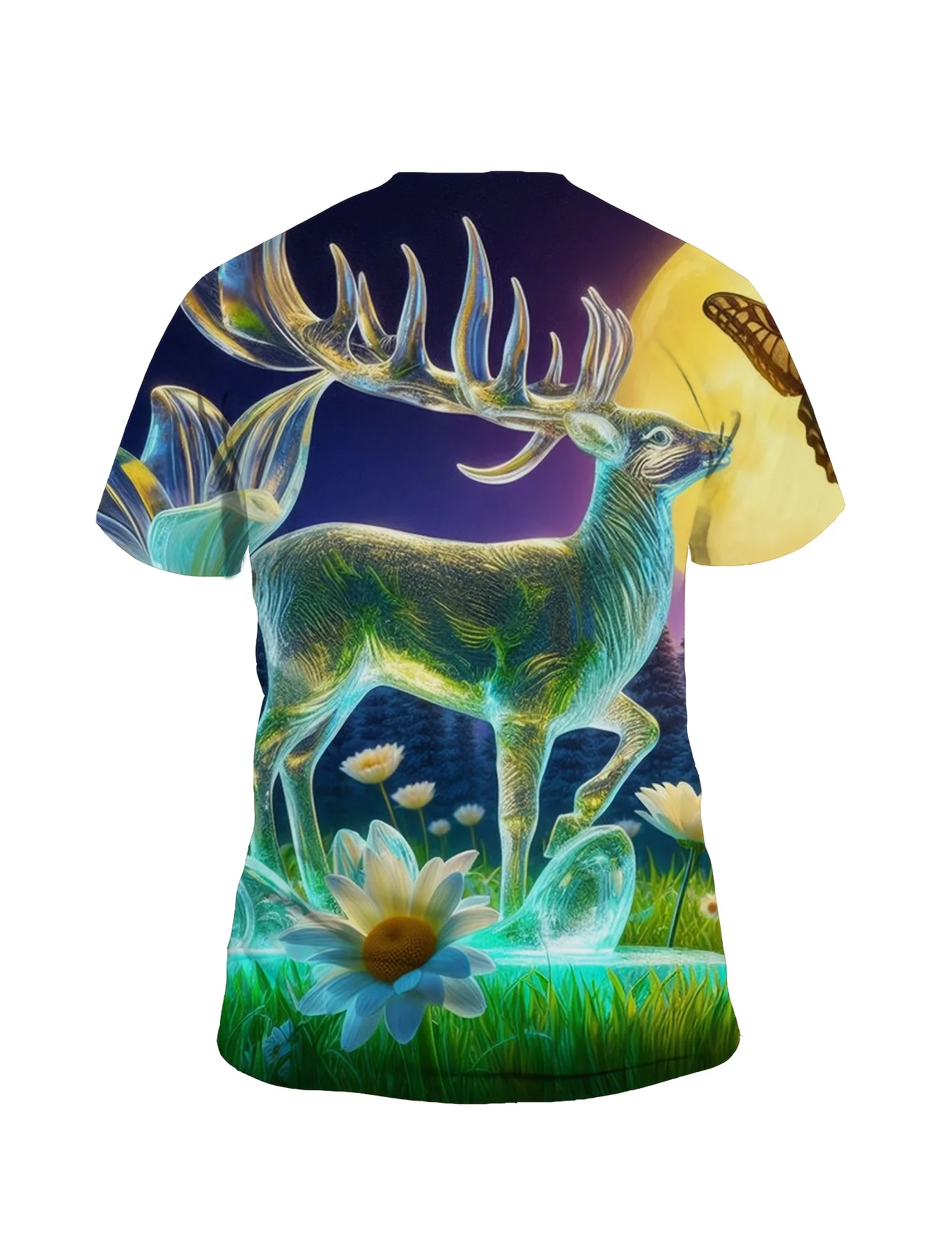 Men Transparent Deer Daisy Butterfly Split Purple Yellow Background Print Short Sleeve T-shirt