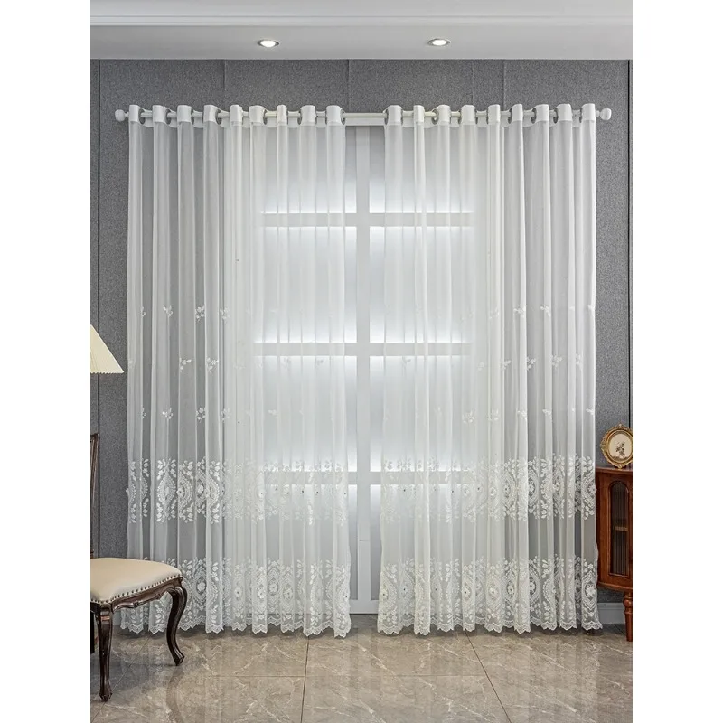 Custom Size French three-dimensional embroidery simple European Curtains for Living dining room bedroom White Tulle Elegant