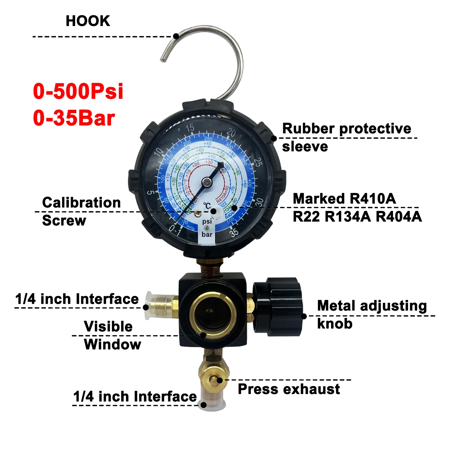 Manometro del collettore del refrigerante del condizionatore d'aria con vetro spia R22/R410A/R134A/R404A il manometro può alleviare la pressione