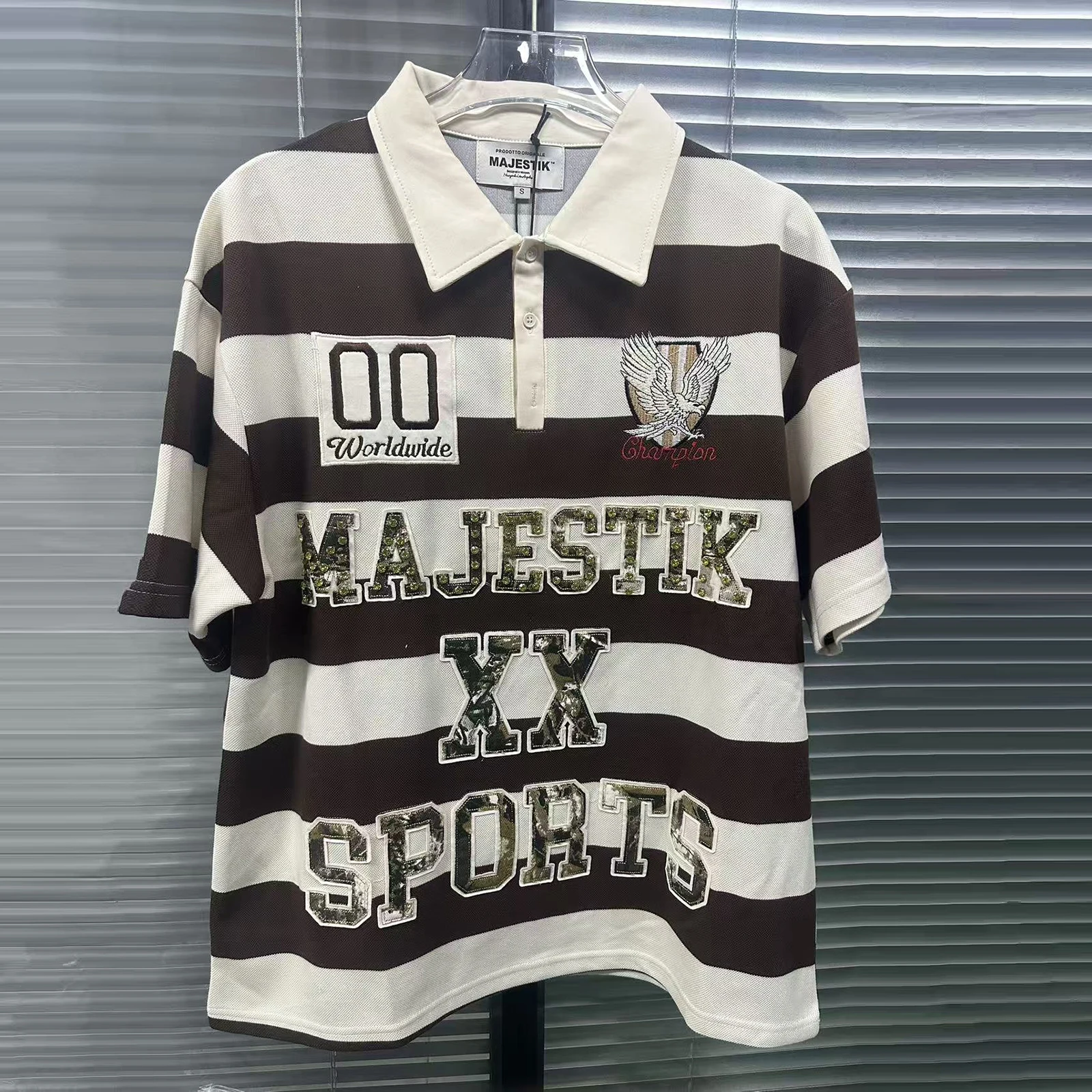 Colorblocked Striped Polo Shirt for Men Fashion Rhinestone Graphic Polo Tee Oversized Patch Cotton Embroidery Tshirts Tops