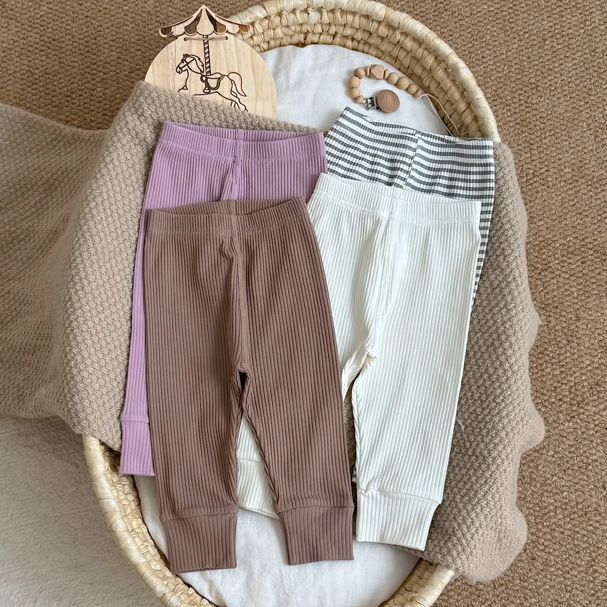 Infant Girls 4Pcs Ribbed Leggings Set Toddler Solid Striped Soft Elastic Autumn Casual Pants