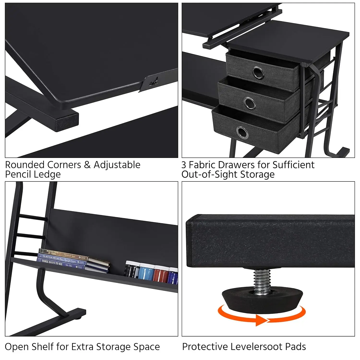 Tilting Drafting Table Art Craft Desk with Stool, Drawers, Black
